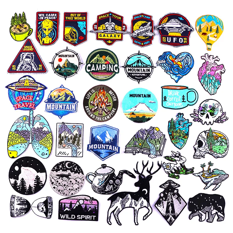 Mountain Adventure Patch Outdoor Camping Embroidered Patches On Clothes Applique Iron On Patches For Clothing Waves Stickers DIY