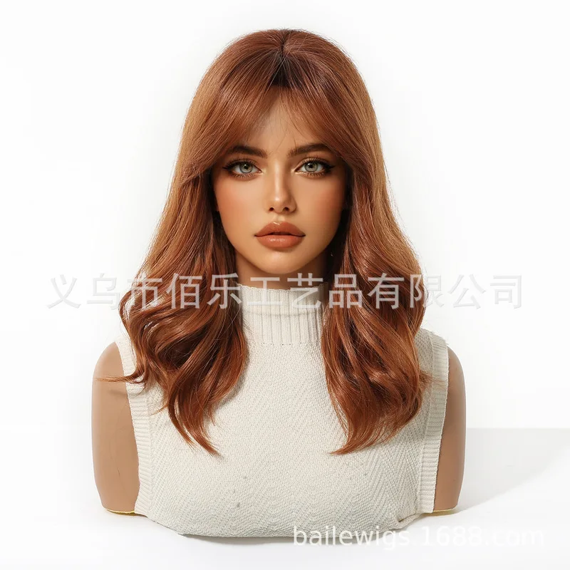 Cross-border best-selling wig, orange-brown, with wavy bangs, full head synthetic fiber female hair