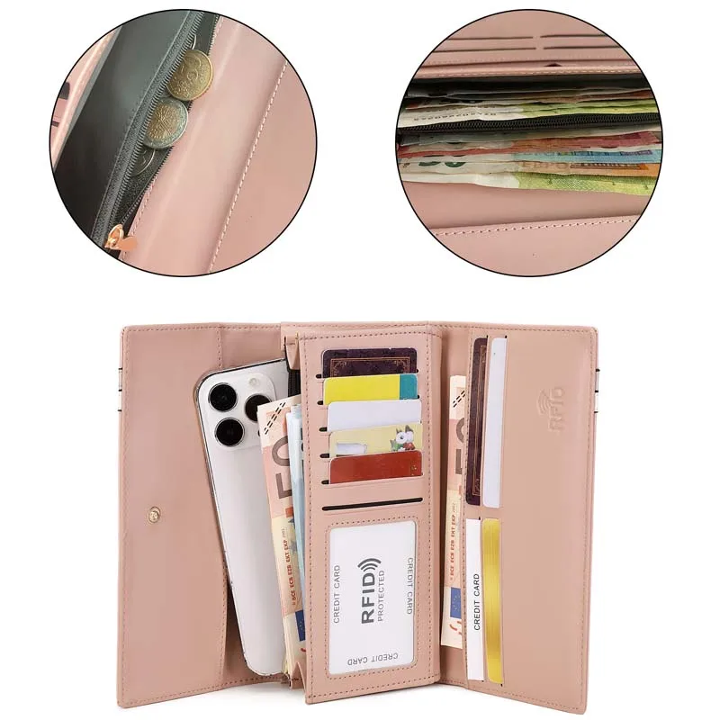 Three fold Women's Wallet Zipper Purse Lady Long Clutch Purses Leather Female Card Holder Wallet Phone Pouch for shopping Travel