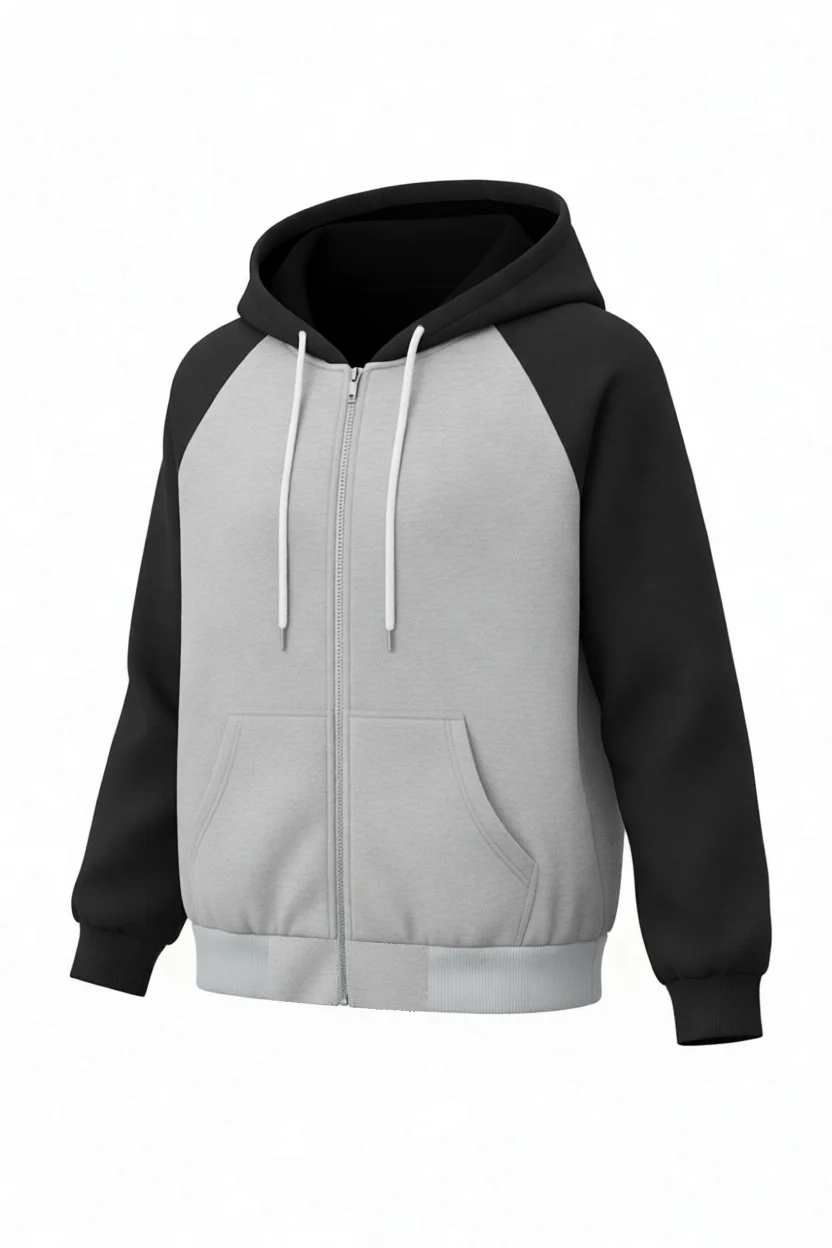 Black and gray color blocked hooded zipper with raglan sleeves, loose cardigan, versatile casual jacket for spring and autumn