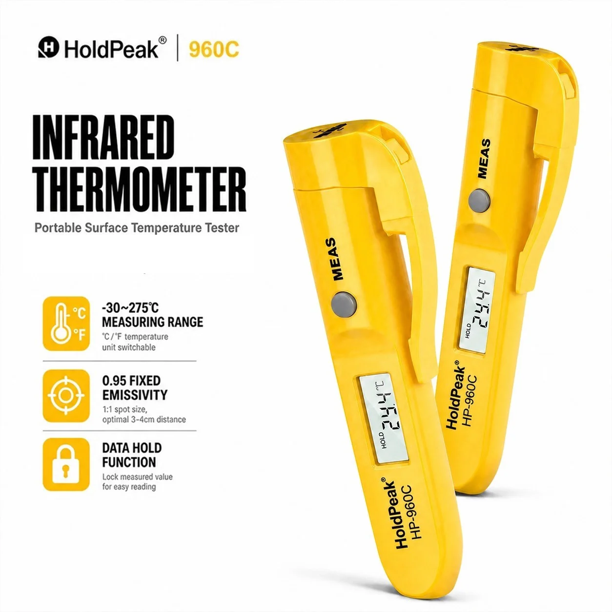 HoldPeak Mini Handheld Infrared Thermometer, High Precision Non-contact Meter, ℃/℉ Switch for Home & Industrial Use