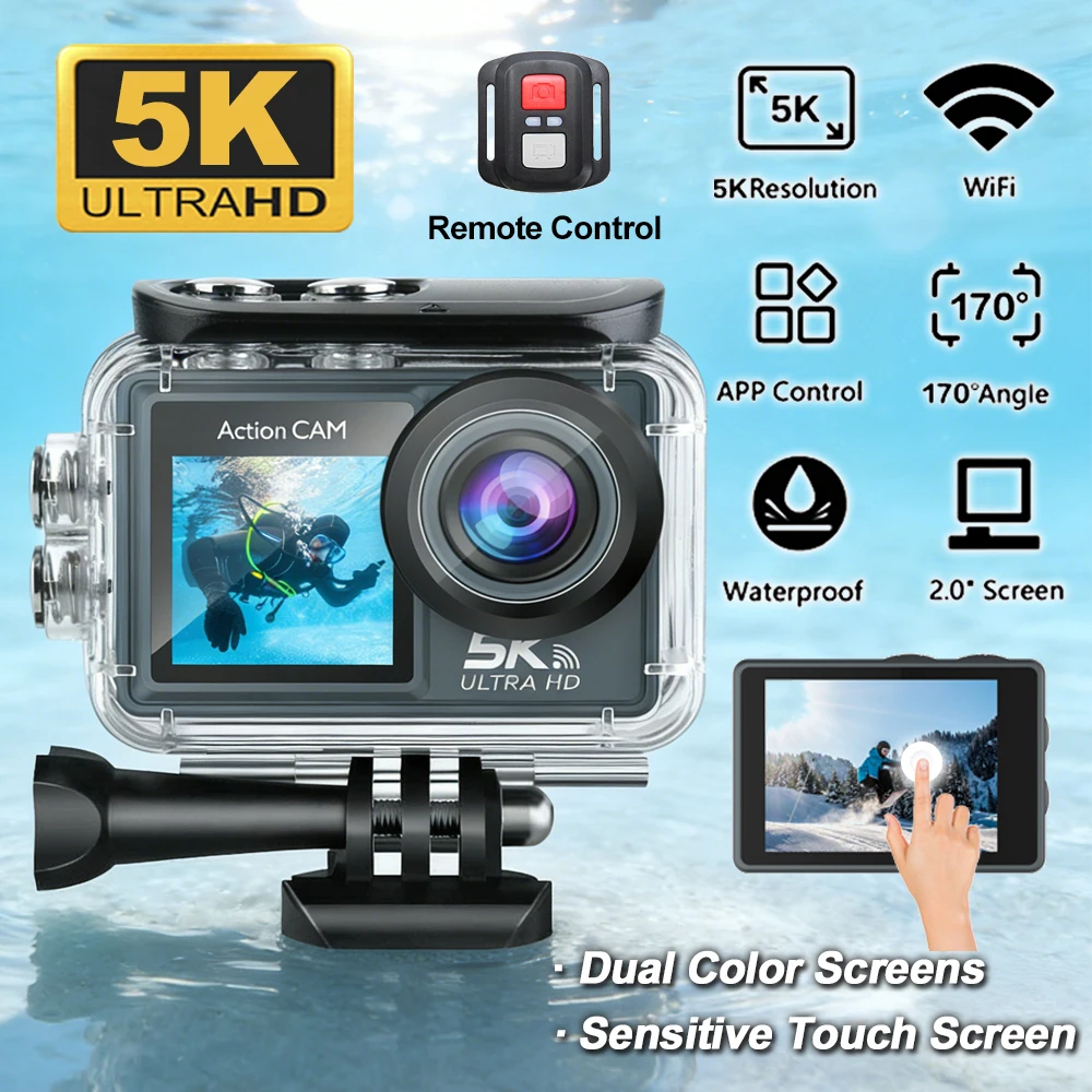 

Экшн-камера M40R 5K, 2-дюймовый сенсорный IPS-экран, 5-кратный зум, 170° ° Широкоугольная, водонепроницаемая (30 м) мини-спортивная камера с Wi-Fi и пультом дистанционного управления