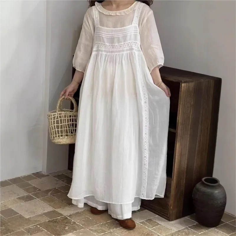 

Новинка лета от Johnature: женское свободное универсальное платье-жилет из рами с боковыми пуговицами и кружевными вставками, многослойное