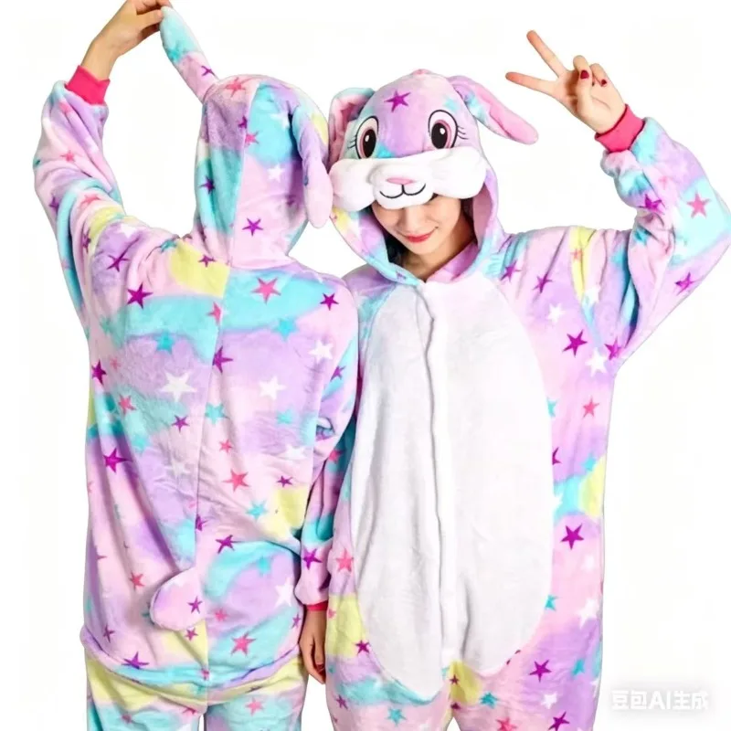 Family Matching Animal Pajamas Rainbow Star Rabbit Bunny Jumpsuits with Hat Soft Comfortable Sleepwear for Adults & Kids Girls