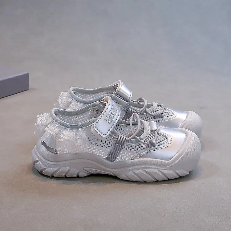 Summer Breathable Mesh Kids Casual Shoes for Girls Non-Slip Sole Toddler Beach Shoes with Lace Bordered Colorful Training Shoes