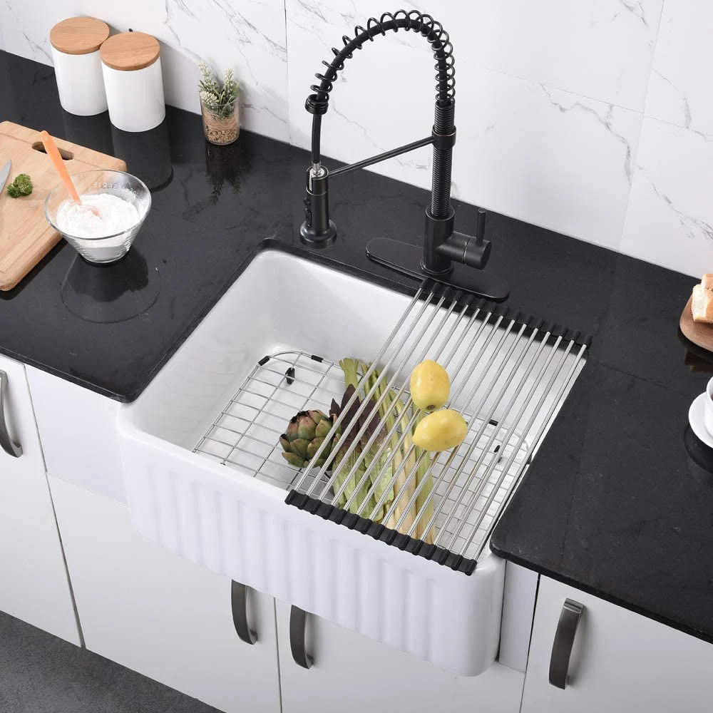 Small 24 Inch White Ceramic Apron Front Reversible Single Bowl Farmhouse Kitchen Sink Laundry Utility Sink