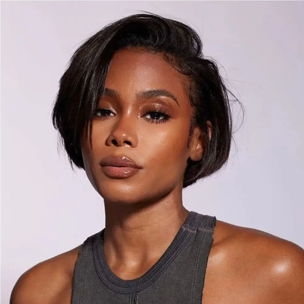 Peluca Corta Bob de Cabello Humano Liso, Pelucas de Cabello Humano con Frente de Encaje 13x4 para Mujeres Negras, Peluca de Cabello Humano con Parte Lateral y Corte Pixie