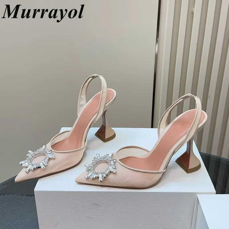 Solid Color Rhinestone Decor Sandalias Women Pointed Toe Lace Mesh Thin Hight Heels Sandals Women  Sexy Summer Party Dress Shoes