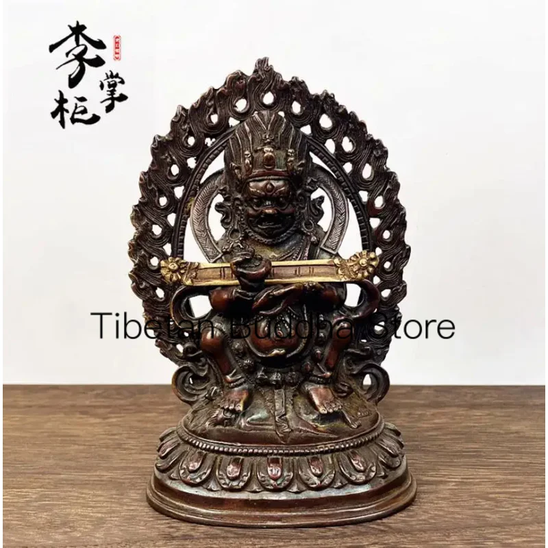 17cm Tibetan Esoteric Sect Antique Pure Copper Big Two Arm Big Black Sky Buddha Statue Red Stick Mahagala Protector