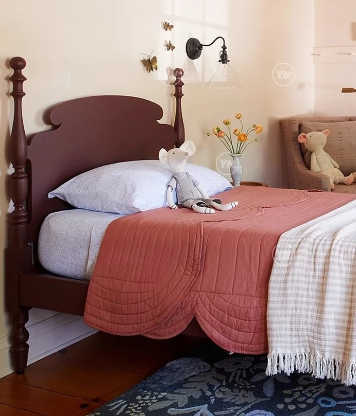 Classical solid wood Roman pillar bed carved pillar retro double simple master bedroom large can be customized