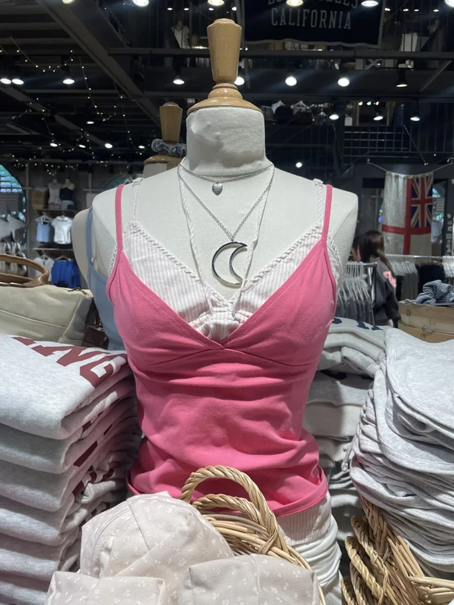 Rose Red Slim Crop Top Woman Summer Sexy V-neck Adjustable Strap Backless Tank Tops Vintage Sweet Cotton Cropped Camisole Y2k