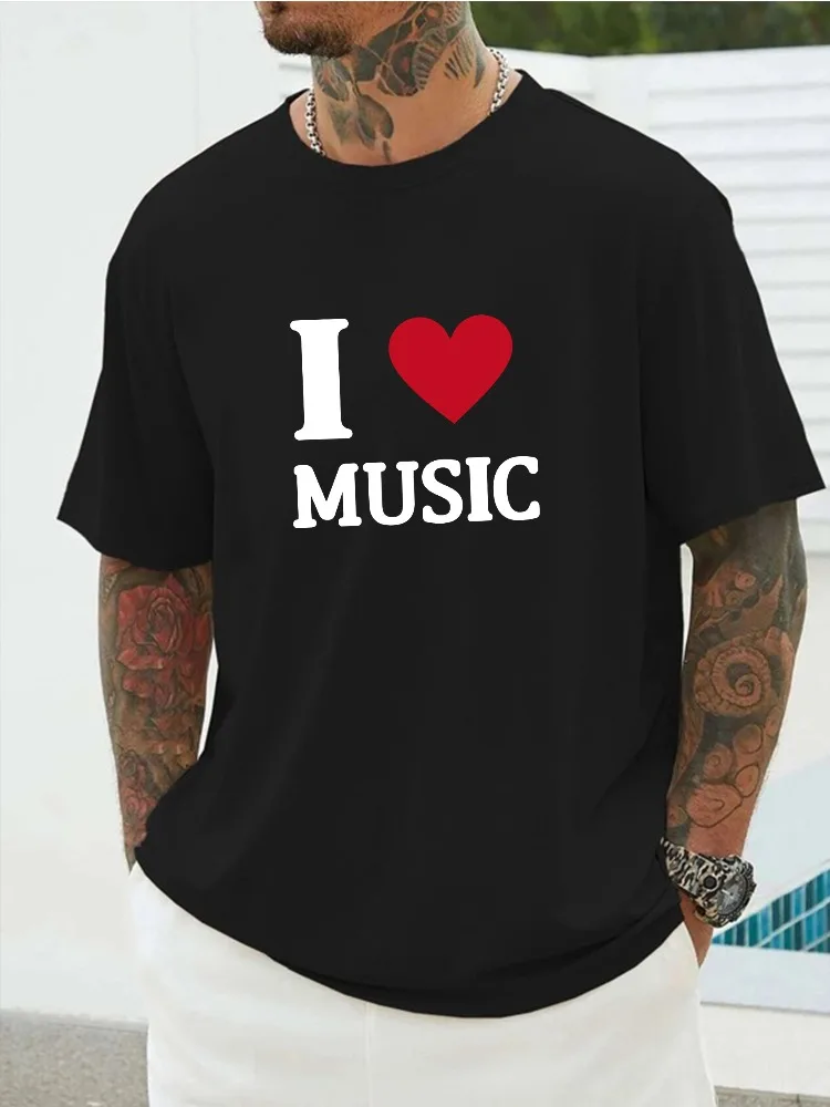 Men Summer White Crew Neck T Shirt I Love Music Red Heart Graphic Print Loose Short Sleeve Casual Streetwear Daily Fashion Tops