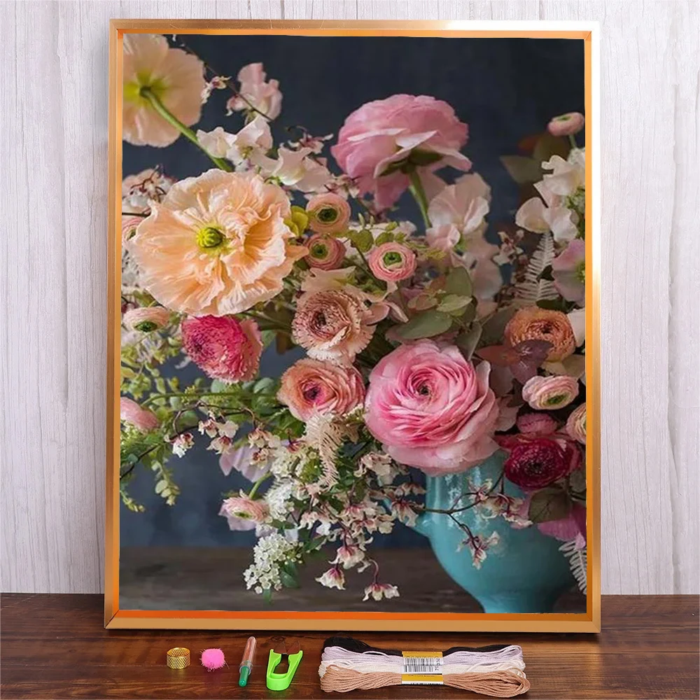 

Flowers Prints Embroidery Kit DIY Needlework Tools Beginner Cross Stitch Artcraft With Embroidery Cotton Thread Handicrafts