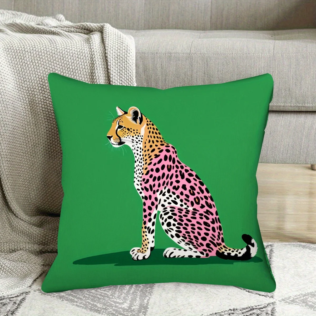 

A green pillowcase with leopard pattern, suitable for sofa, living room and bedroom decoration (without filling material)