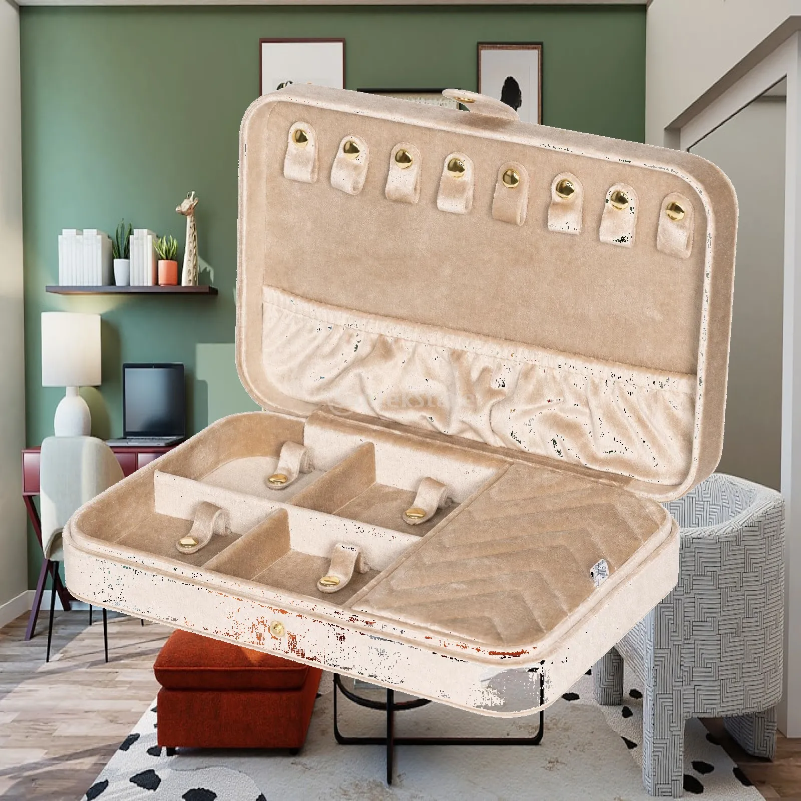 Velvet Jewelry Box with Divided Compartments Rectangular Storage Case with Necklace Tabs Snap Closure for Dressing Table