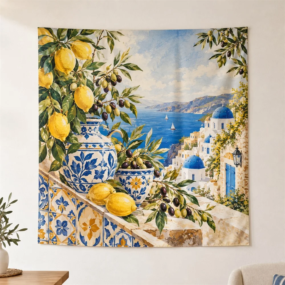 VIKAMA Lemon Branch Diagonal Flow Tapestry Wall Hanging, Mediterranean Wall Decor Tapestries for Bathroom Bedroom Living Room