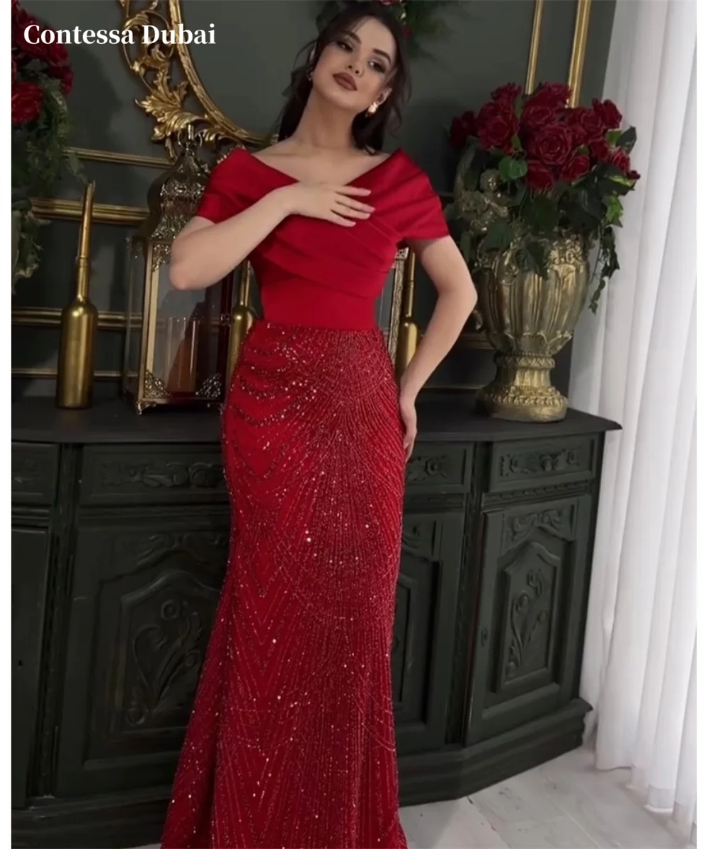 

Contessa Dubai customized Red Mermaid Prom Dresses Beaded Off the Shoulde vestidos de noche Floor-Length Formal Evening 2025