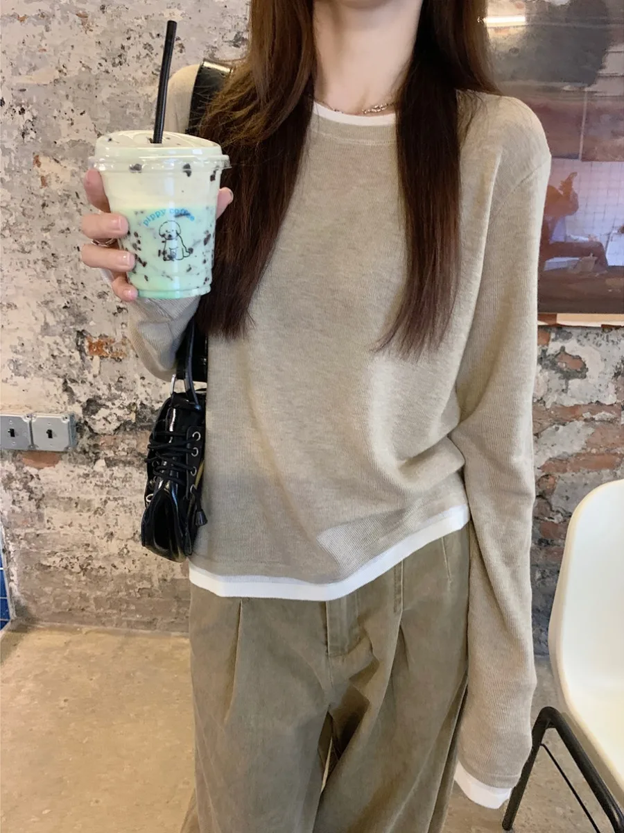 

Loose Fit Round Ne Knitted Long Sve Base Irt Women's Lazy Sweater Two-piece Soft Polyester Wool Blend Casual Top