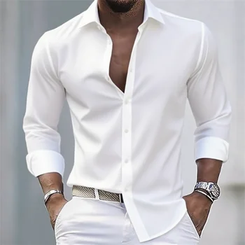 Solid Color Men's Casual White Shirt, Fashionable Casual Long Sleeve Stretch Fabric, Business Formal Shirt, Comfortable Fabric