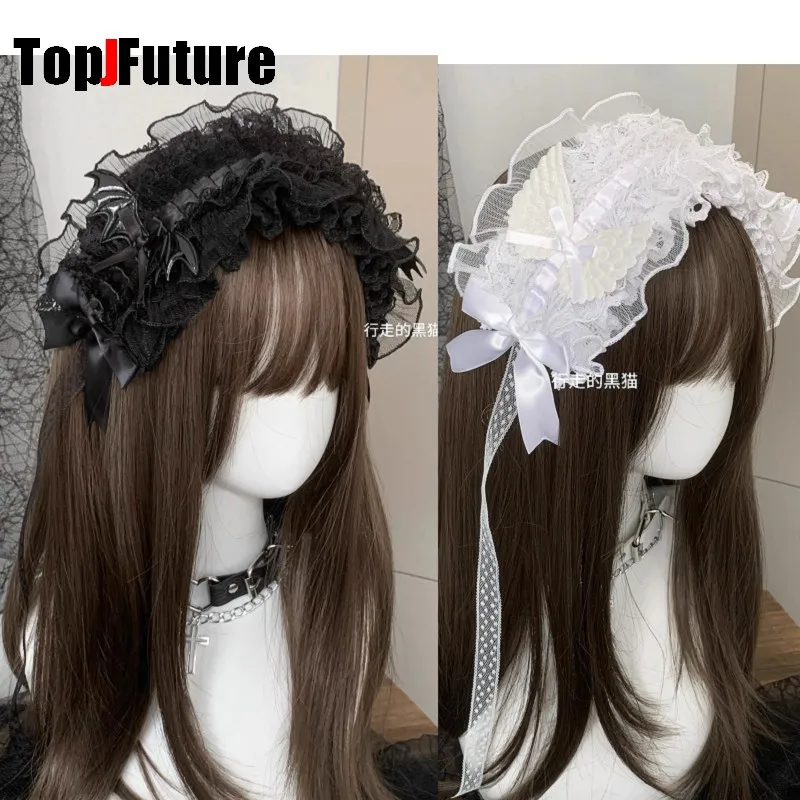 

Japanese Harajuku Gothic Y2K Lolita Women's hair hoop headband angel wing rabbit bow Floral lace hair bands hair accessories