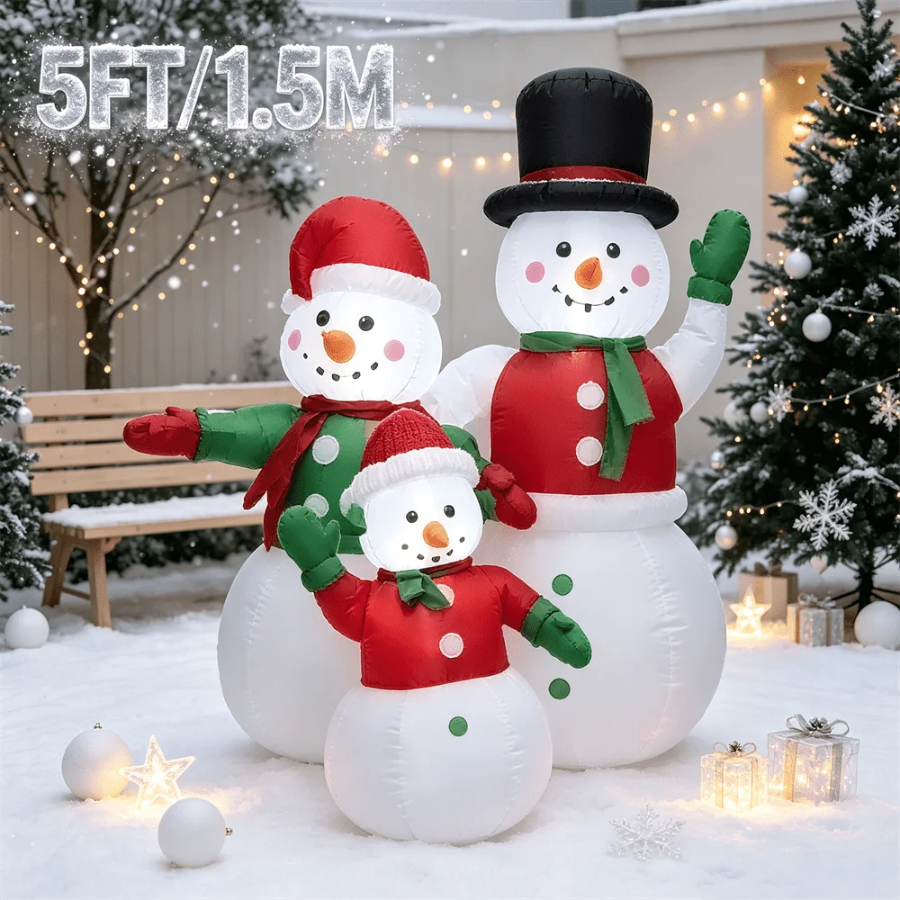 5FT/1.5M Inflatable Model Toy Three Family Snowmen Set with Santa Hat Top Hat Build-in LED Light Christmas Yard Decor