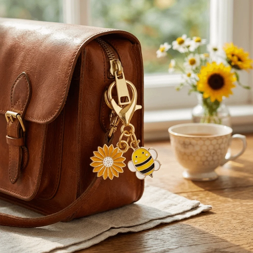 Mini Oil Dripping Bee Flower Pendant Ornaments Cute Bee Keychain Decoration Metal Bag Hanging Gifts