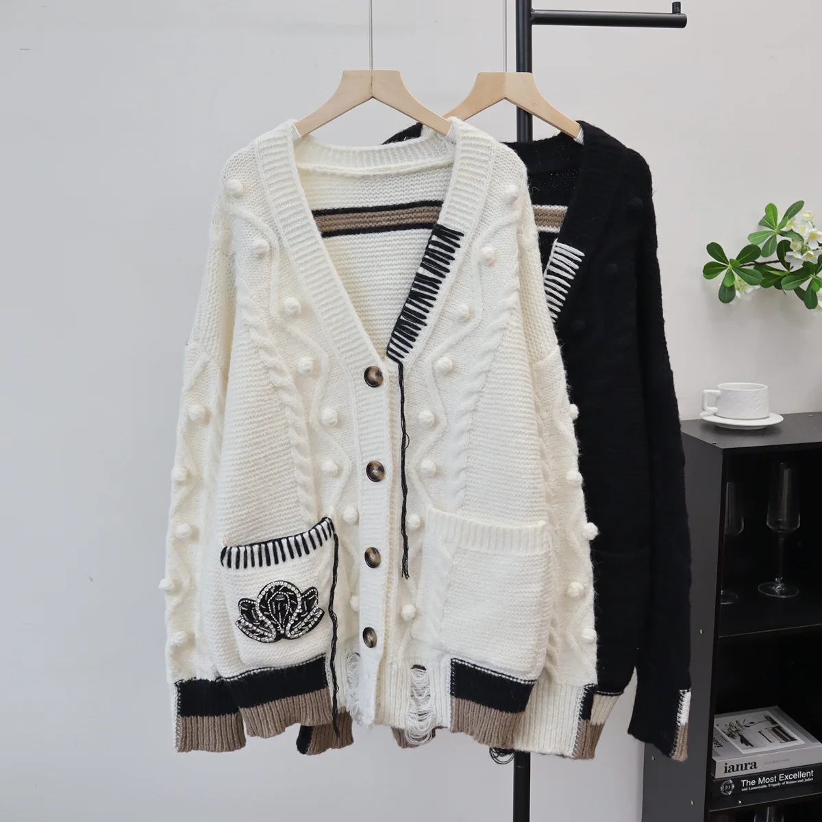 

Women Knitted Cardigan Jumper Casual Sweater Button V Neck Ripped Long Sleeve Thick Mid Length Loose Fit Open Stitch 2025 Autumn