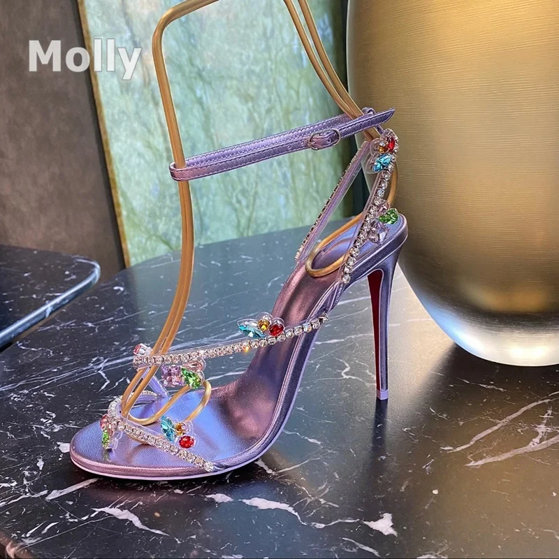 Sandalias con punta abierta para banquete, tacones finos sexys con diamantes de imitación coloridos, tacones altos a la moda para mujer