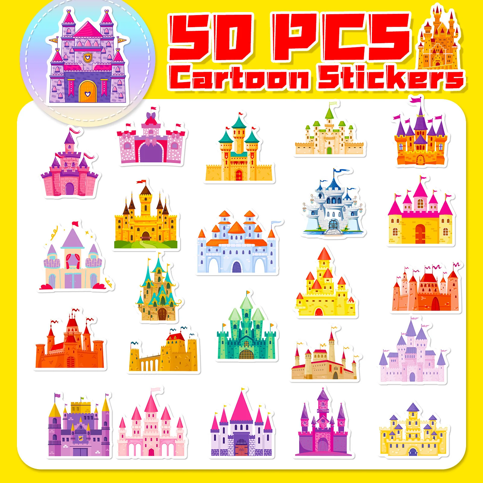 50 SZTUK Różowe Naklejki z Zamkiem, Śmieszne Kolorowe Graffiti, Zabawki dla Dzieci, Naklejki DIY na Walizkę, Lodówkę, Laptopa, Gitarę, Samochód, Rower, Dekoracje