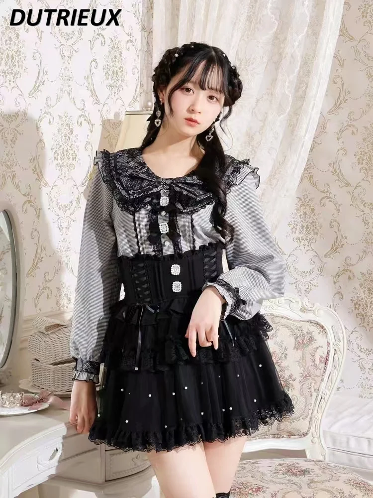 Japanese Mine Series Mass-produced Sweet Bow Ribbon Lace Tops Navy Collar Love Pullover Shirt and Short High-waisted Skirt Set