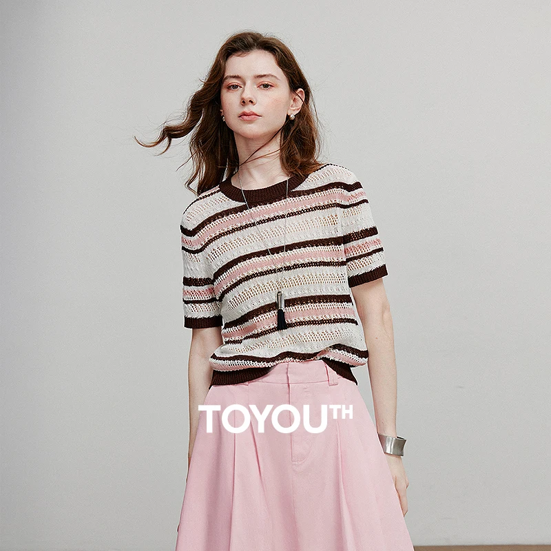 

TOYOUTH Women Knitwear 2025 Summer New Striped Hollow Round Neck Short Sleeve Knitted Pullover Tops 8523039