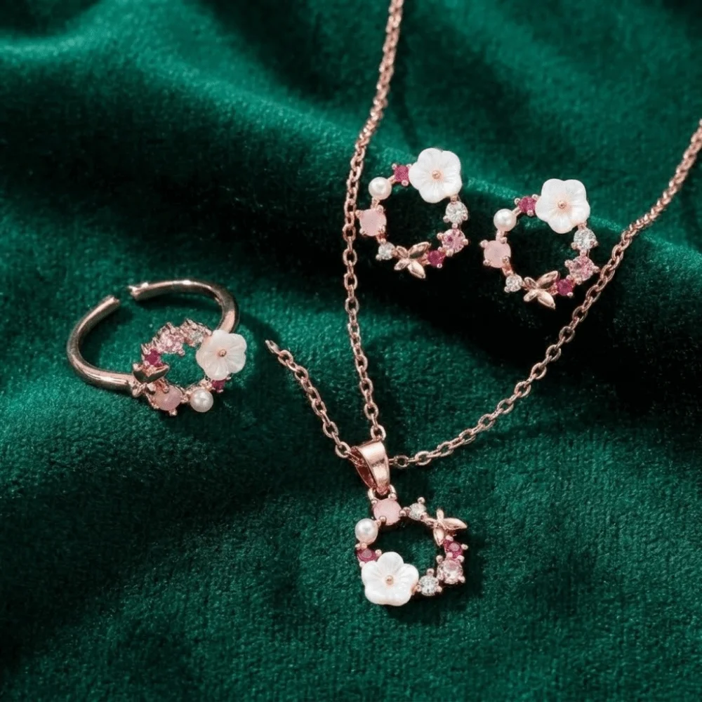 4 Pcs/Set Elegant Rose Gold Jewelry Set Simple Ornate Exquisite Design Zircon Necklace Ring Earrings Set Petal-Inspired Dainty