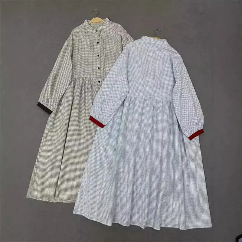 Johnature Japanese Plaid Long-sleeved Shirt Dress Women 2024 Autumn New Loose Cotton Vintage Mori Hit Color All Match Dresses