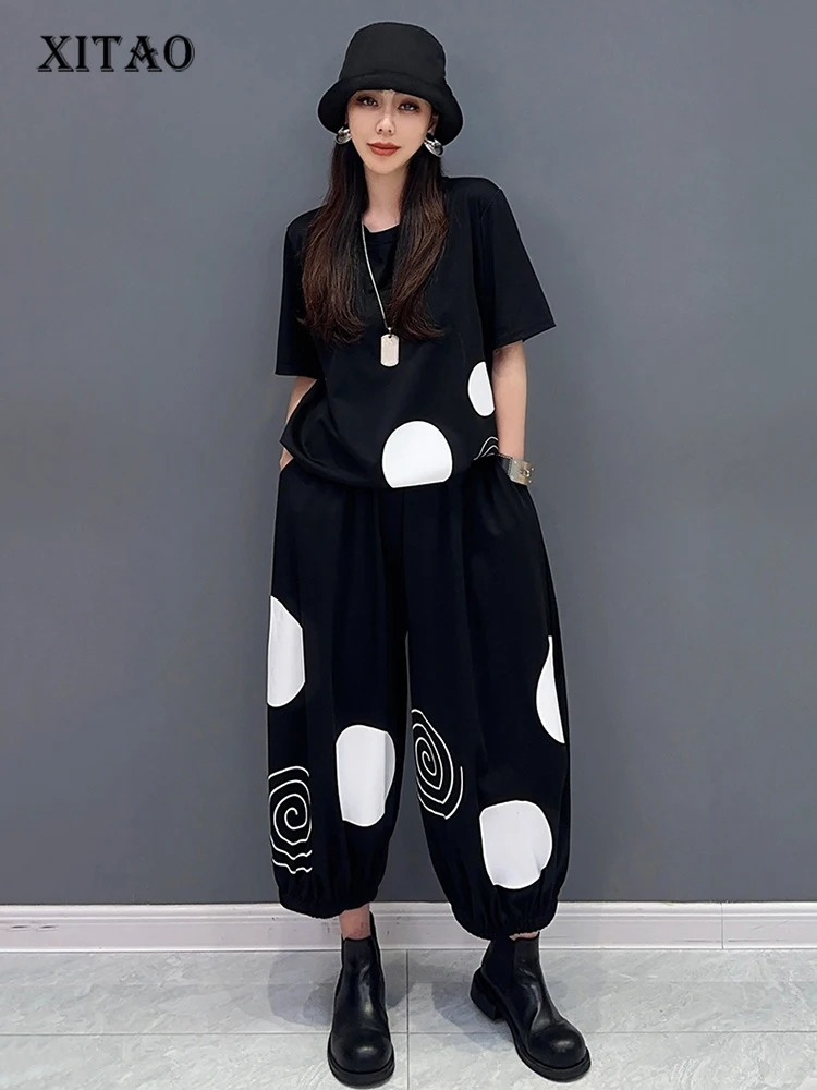 

XITAO Printed Dot Pant Set Vintage Short Sleeve Elastic Waist Harlan Pants All Match Loose Fashion Women New Set LYD1811