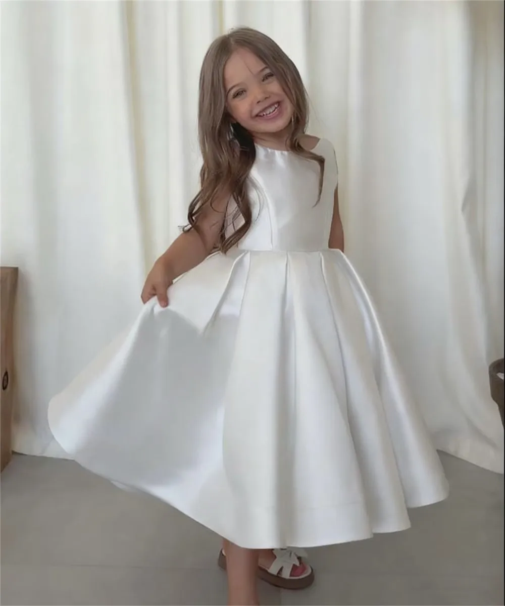 

Elegant Satin Flower Girl Dress Spaghetti Strap with Bow Bridesmaid Wedding Dress Kids First Communion Birthday Party Ball Gown