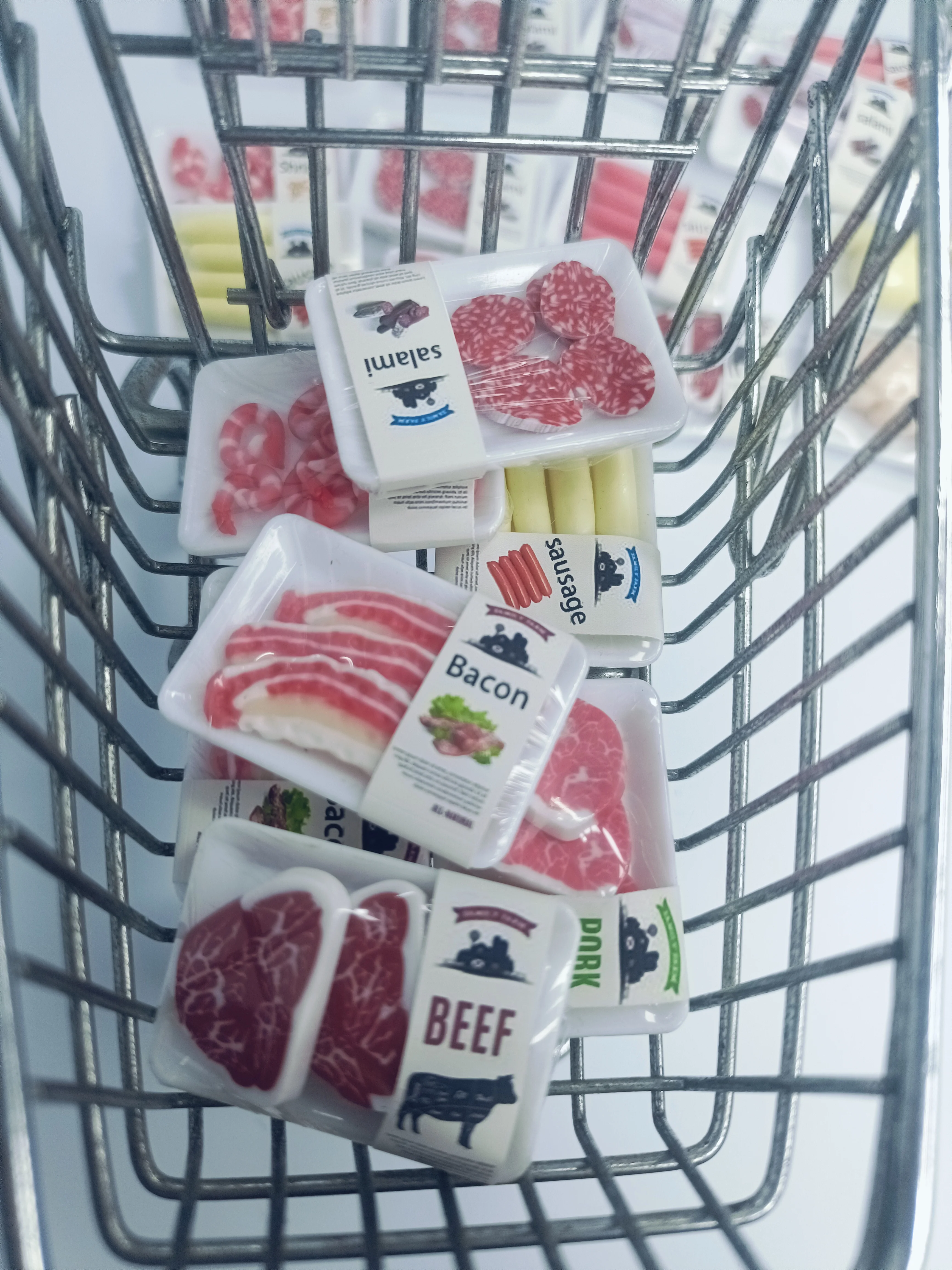 New 1BOX 1/12 Dollhouse Miniature Supermarket food simulation beefsteak salmon Bacon chicken beef roll for Doll House accessorie