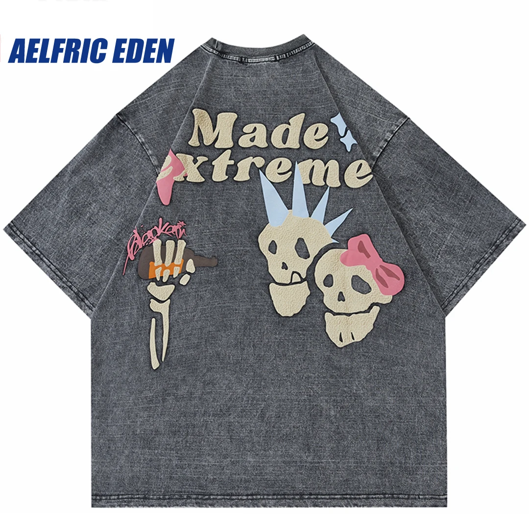 Men T Shirt Streetwear Funny Skull Graphic T Shirt 2023 Fashion Harajuku HipHop Oversize Vintage Washed Tshirt Cotton Tops Tee