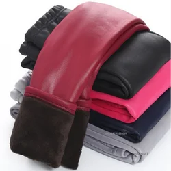 New Baby Girls Leggings Winter Kids Thick Velvet Leggings Pencil Pants Children Warm Trousers Faux PU Leather Legging Slim Pant