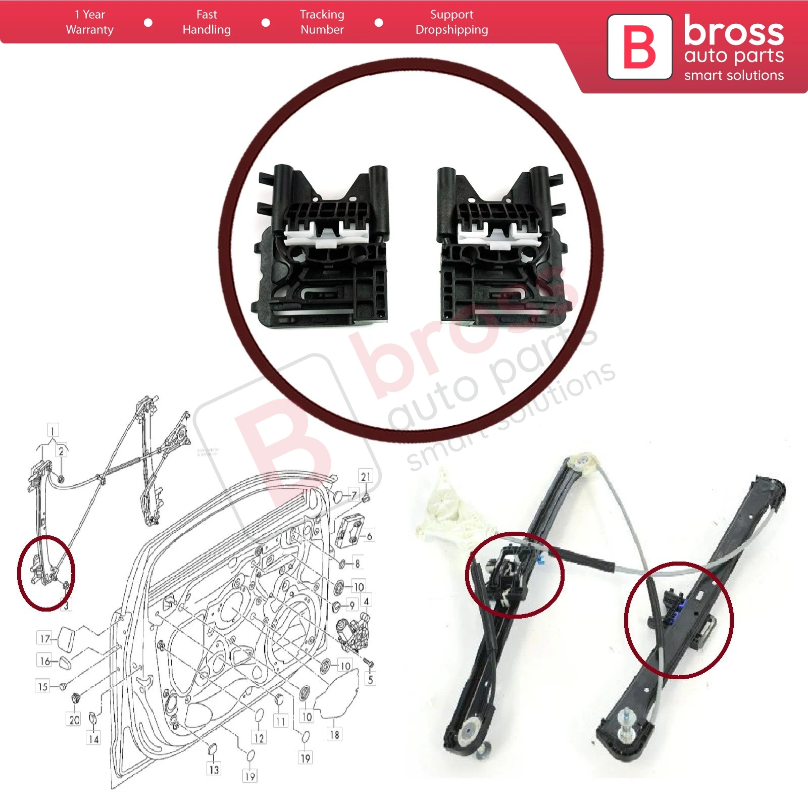 For Audi A3 S3 8V MK3 BWR5419 Electrical Power Window Lifter Regulator Clips Bracket Set Front Left or Right Door 8V4837461 62