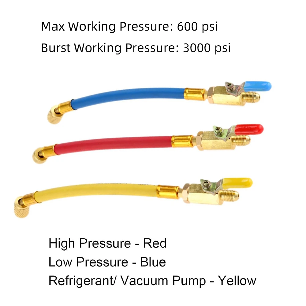 Heavy Duty Brass Shut Off Ball Valve Color Coded HVAC Charging Hose 3000PSI Burst Pressure