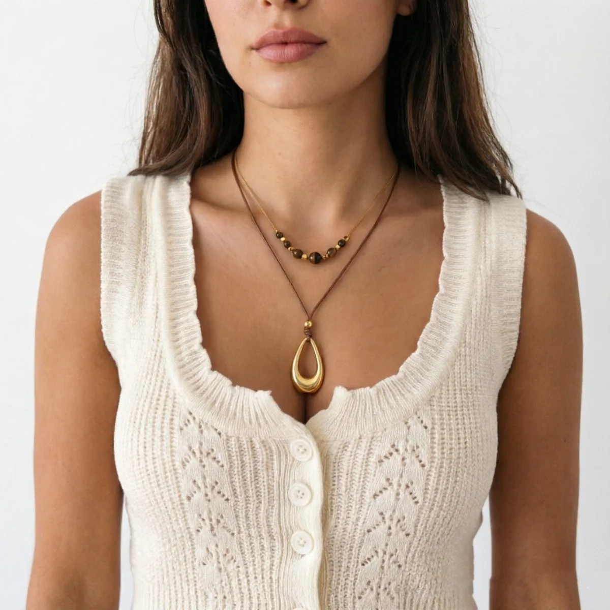 Vintage Einfache Tigerauge-Stein Wassertropfen-Anhänger Halskette für Frauen Männer Hohle Geometrische Tropfenform Lederseil Choker Schmuck – Detail 19