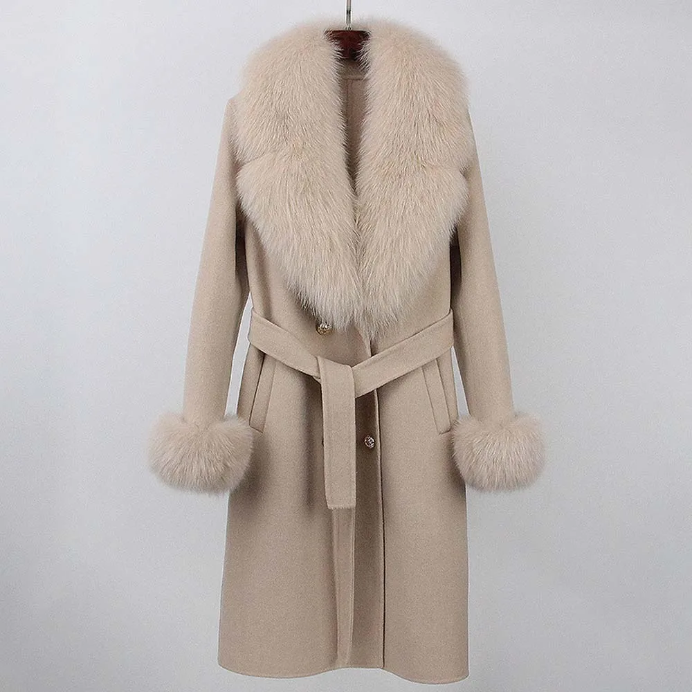 เสื้อโค้ทขนสัตว์แท้แฟชั่นใหม่ ฤดูหนาว 2025 แจ็คเก็ตยาวสำหรับผู้หญิง ผสมขนสัตว์ธรรมชาติและแคชเมียร์ กระดุมสองแถว มีเข็มขัด ให้ความอบอุ่น สไตล์สตรีทแวร์