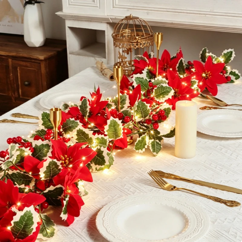 Glowing Red Poinsettia Berry Christmas Garland Garland Light Strings,175cm Christmas Garland Artificial Holly Vine,Xmas Decor