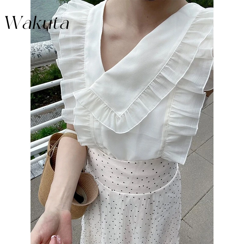 

WAKUTA Fairy Summer Blusas Mujer Блузки без рукавов с косым воротником и грибком Женская одежда Новые японские однобортные футболки Camisas