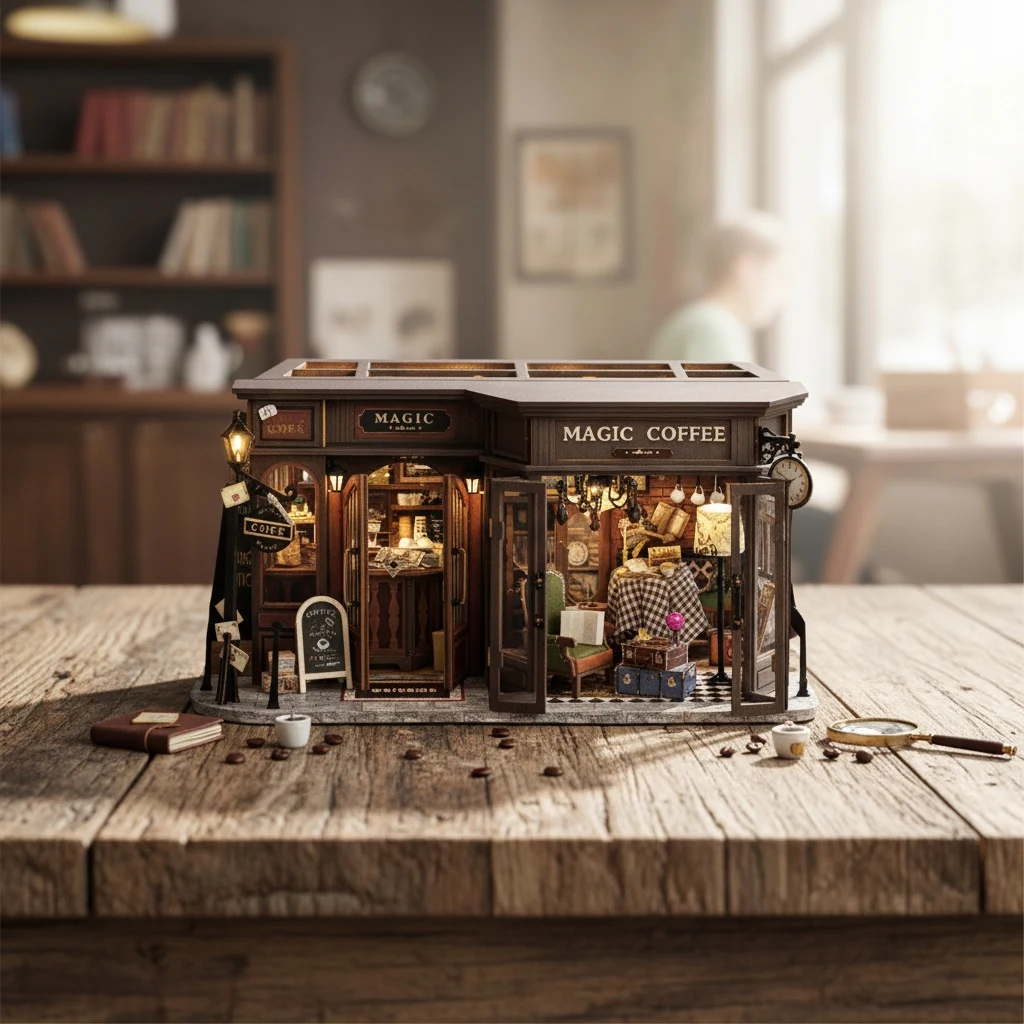 OUZEY 3D Wooden Dollhouse DIY Kit - “Magical Vintage Store” with Furniture, Retro Home Model Craft Gift for Adults