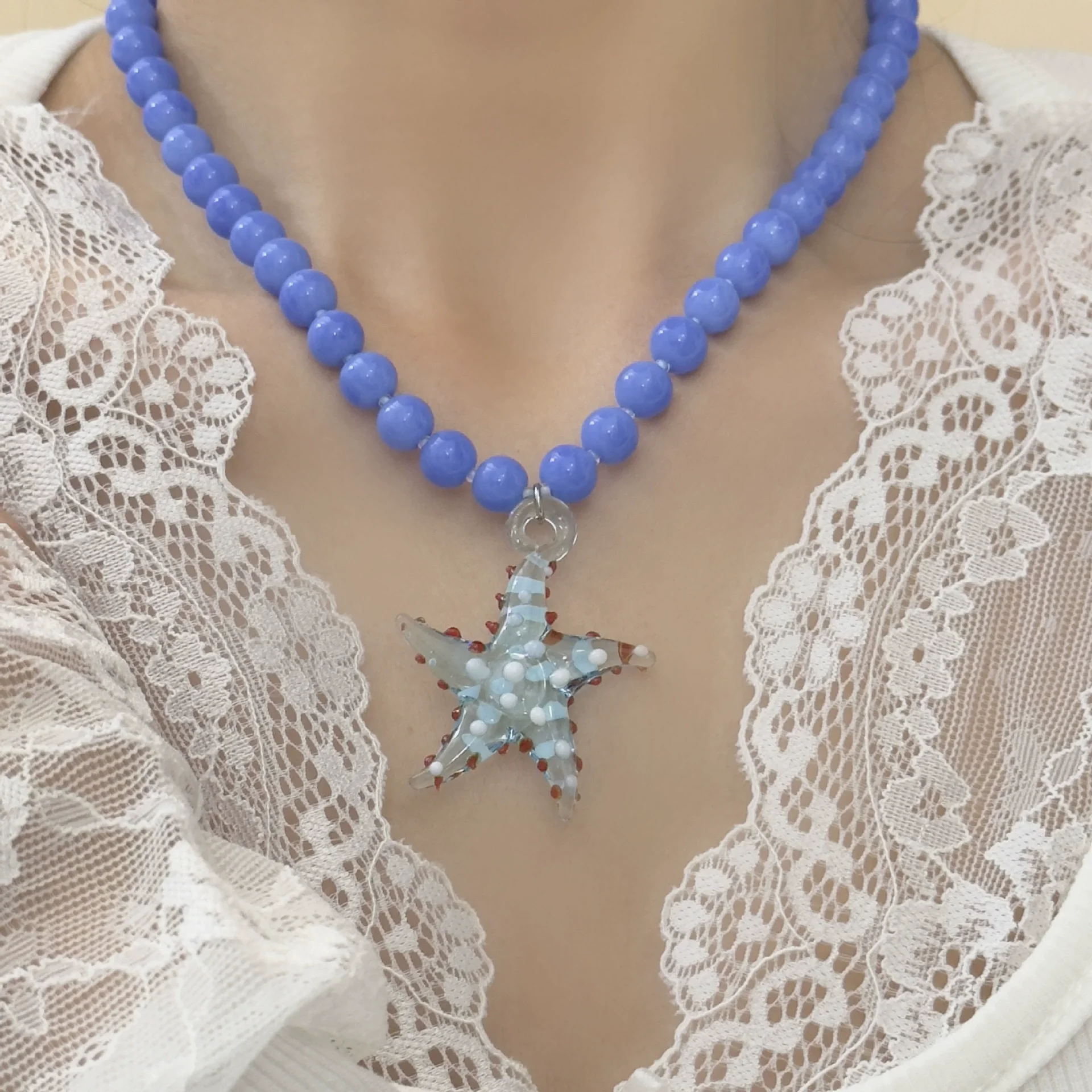 HangZhi Cute Blue Starfish Bead Splicing Necklace Summer Beach Vacation Jewelry for Women New
