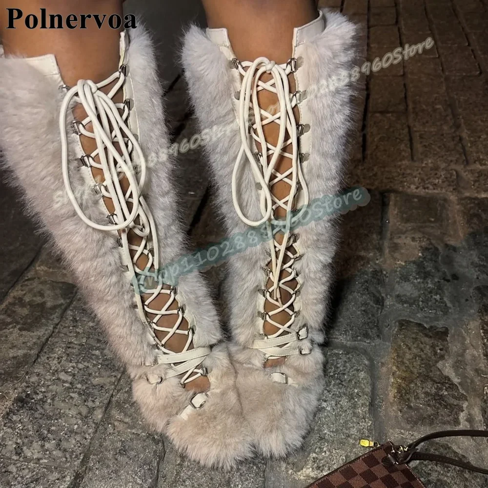 Trending Knee High Buckle Strap Furry Boots High Heel Shoes For Women Cross Tied Round Toe Fashionable Party Zapatos Para Mujer