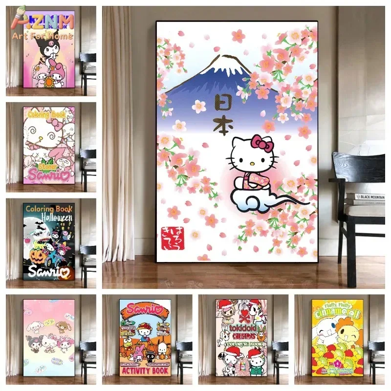 AZNM Hello Kitty Fuji Mountain Cherry Blossom Canvas Print Frameless Wall Art Japanese Style Sanrio Cartoon Poster Home Decor Pa
