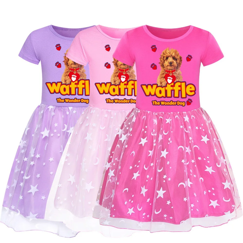 

Cute Waffle The Wonder Dog Costume Kids Summer Short Sleeve Dress Baby Girls Carnival Party Clothes Children Halloween Vestidos