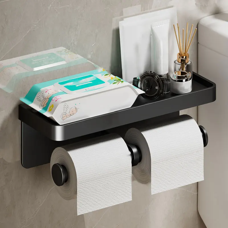 Aluminum Alloy Paper Holder Wall-Mounted Toilet Roll Paper Holder No Drilling Bathroom Kitchen Paper Holder